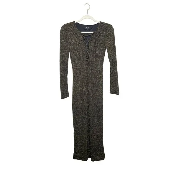 Bardot Romeo Lace Up Dress in Black Gold Metallic Midi Long Sleeve Size Small - Picture 2 of 9